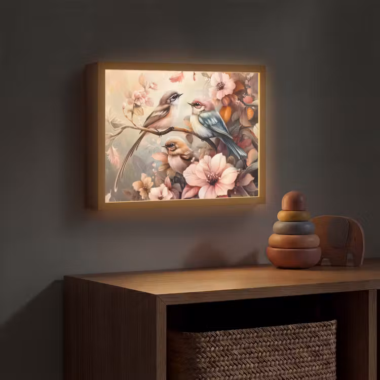 Vogels - Bloemen - Roze - Pastel Light Box met batterij (Wandlamp kind) middel -sfeer5_kind