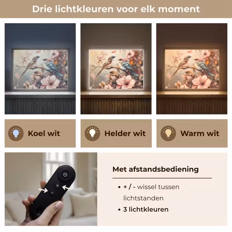 Vogels - Bloemen - Roze - Pastel Light Box met batterij (Wandlamp kind) middel -USP_lichtkleurNL