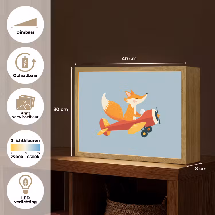 Vos - Vliegtuig - Blauw Light Box met batterij (Wandlamp kind) middel -USP_websiteoverzichtNL