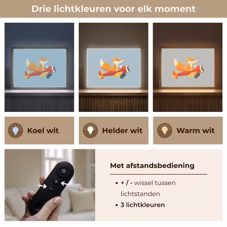Vos - Vliegtuig - Blauw Light Box met batterij (Wandlamp kind) middel -USP_lichtkleurNL