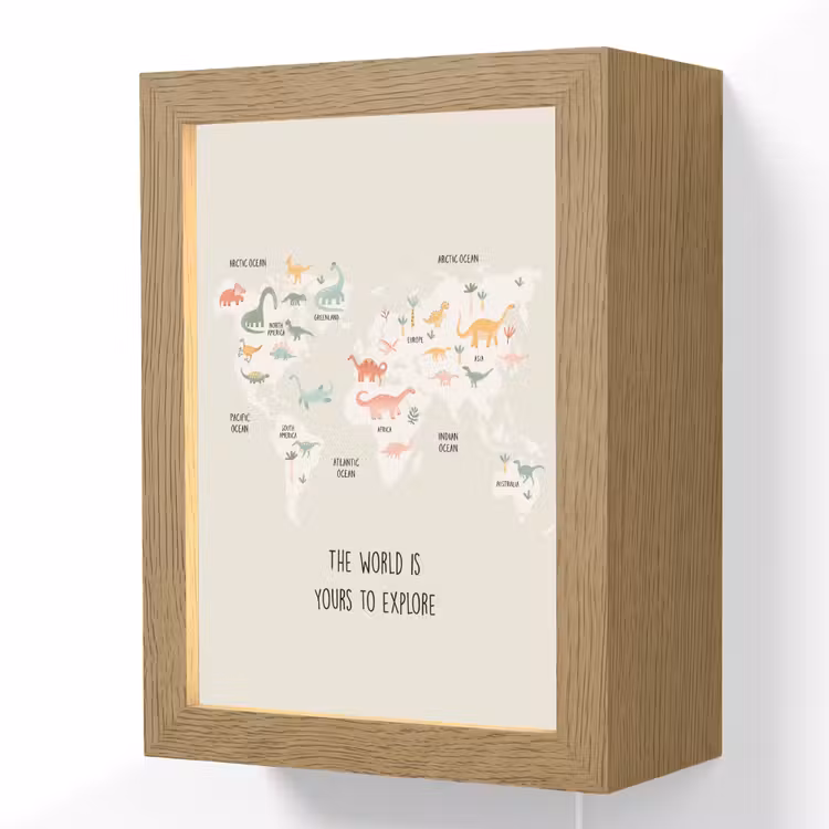 Wereldkaart - Dino - Kinderen - Dinosaurus Light Box met kabel (Wandlamp kind) klein -3d