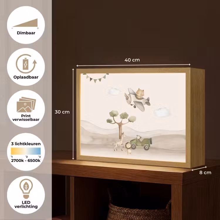 Wilde dieren - Safari - Pastel kleuren - Watercolor - Vliegtuig Light Box met batterij (Wandlamp kind) middel -USP_websiteoverzichtNL
