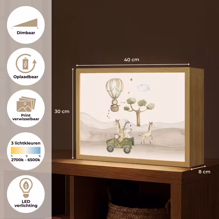 Wilde dieren - Safari - Watercolor - Luchtballon Light Box met batterij (Wandlamp kind) middel -USP_websiteoverzichtNL