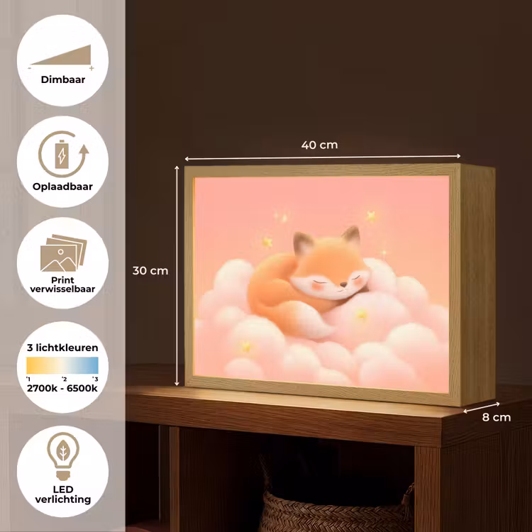 Wolken - Vos - Oranje - Sterren Light Box met batterij (Wandlamp kind) middel -USP_websiteoverzichtNL