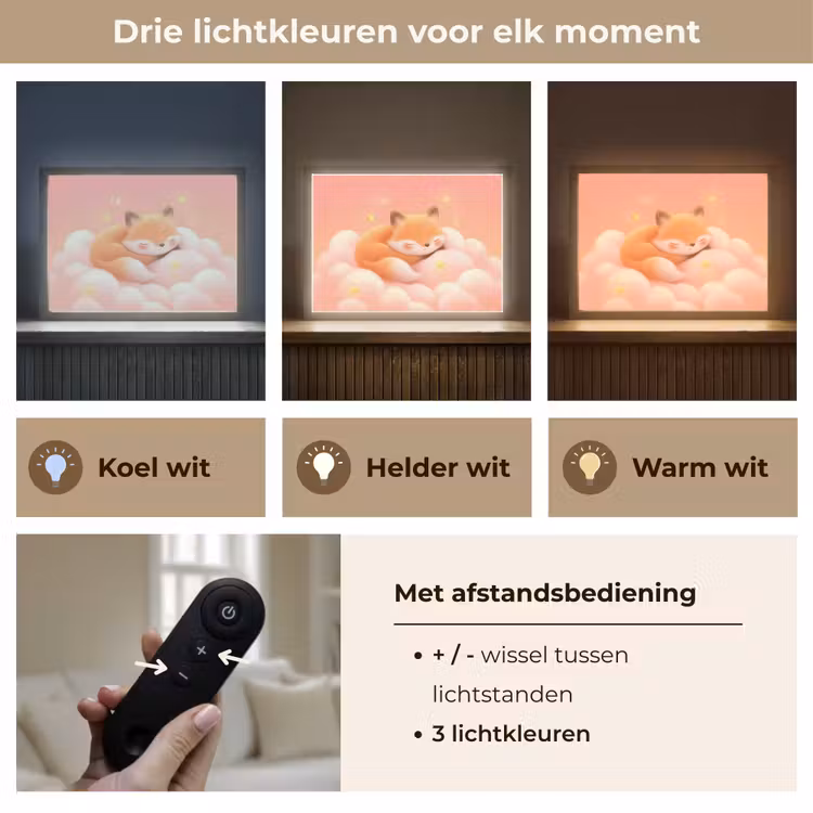 Wolken - Vos - Oranje - Sterren Light Box met batterij (Wandlamp kind) middel -USP_lichtkleurNL