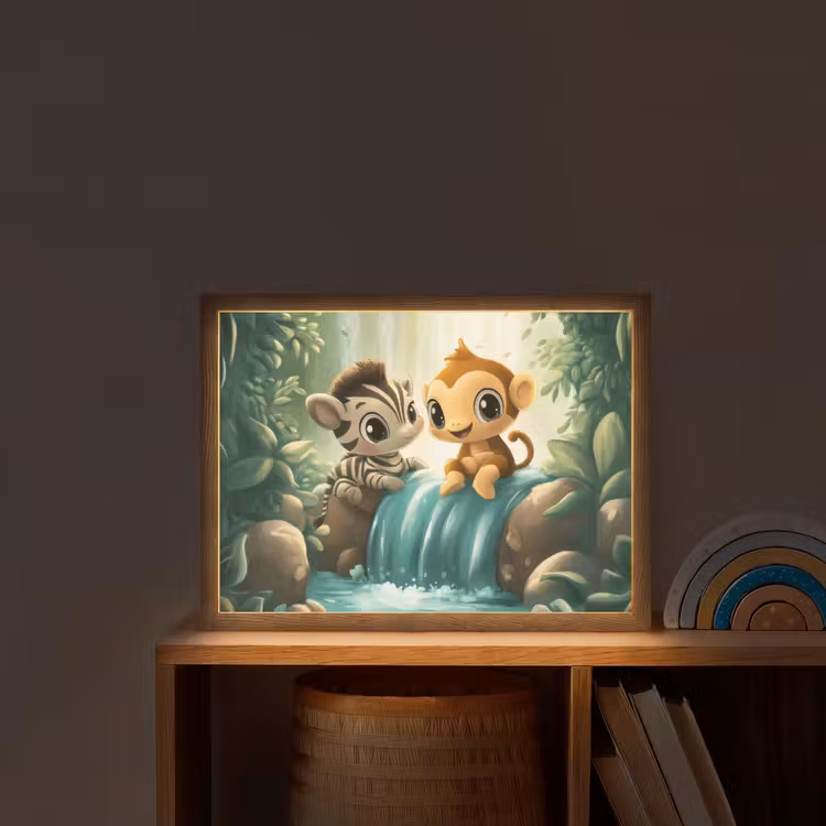 Zebra - Aap - Cartoon - Waterval Light Box met batterij (Wandlamp kind) middel -sfeer1_kind
