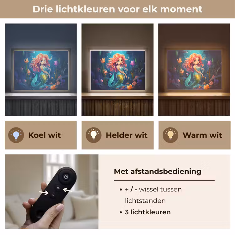 Zeemeermin - Bloemen - Onderwater - Meisjes - Kind Light Box met batterij (Wandlamp kind) middel -USP_lichtkleurNL