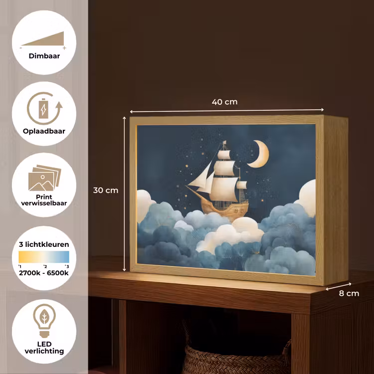 Zeilschip - Sterrenhemel - Wolken - Blauw Light Box met batterij (Wandlamp kind) middel -USP_websiteoverzichtNL