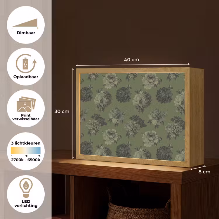 Klassiek - botanisch - olijfgroen - bloemen Light Box met batterij (Wandlamp) middel 907 -USP_websiteoverzichtNL