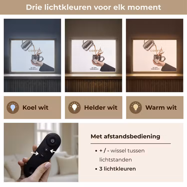 Koffie - Mok - Kan - Therapie Light Box met batterij (Wandlamp) middel -USP_lichtkleurNL