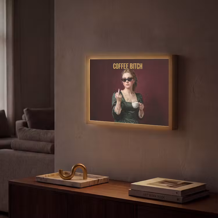 Koffie - Vrouw - Middelvinger Light Box met batterij (Wandlamp) middel -sfeer1
