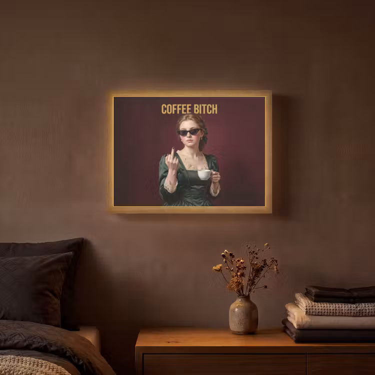Koffie - Vrouw - Middelvinger Light Box met batterij (Wandlamp) middel -sfeer4