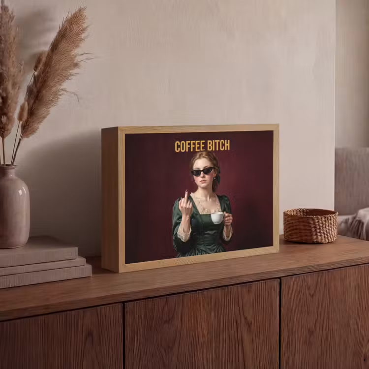 Koffie - Vrouw - Middelvinger Light Box met batterij (Wandlamp) middel -sfeer2