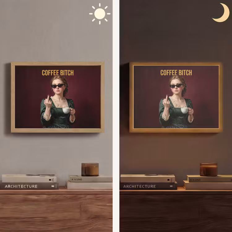 Koffie - Vrouw - Middelvinger Light Box met batterij (Wandlamp) middel -sfeer3