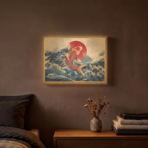 Koi - Zee - Golven - Zon Light Box met batterij (Wandlamp) middel -sfeer4