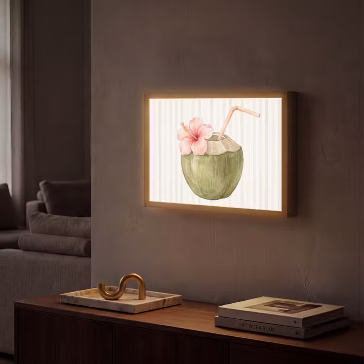 Kokosnoot - Drank - Tropisch - Illustratie - Zomer Light Box met batterij (Wandlamp) middel -sfeer1