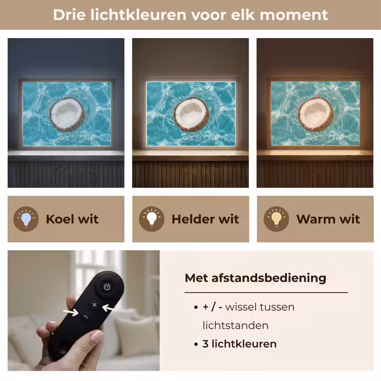 Kokosnoot - Water - Wit Light Box met batterij (Wandlamp) middel -USP_lichtkleurNL