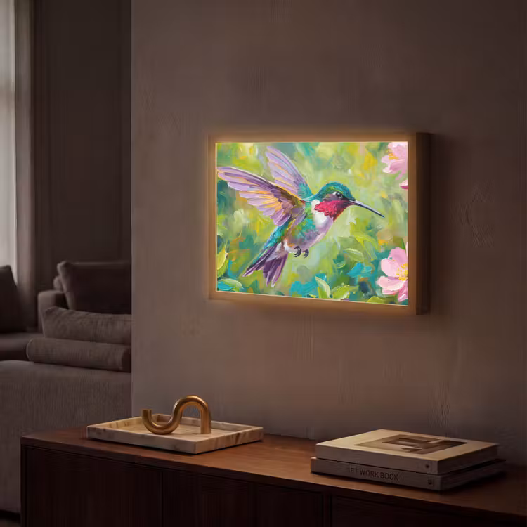 Kolibrie - Bloemen - Natuur - Kleurrijk Light Box met batterij (Wandlamp) middel -sfeer1