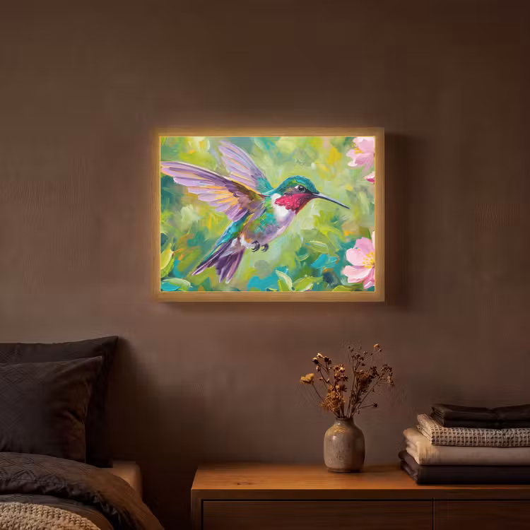 Kolibrie - Bloemen - Natuur - Kleurrijk Light Box met batterij (Wandlamp) middel -sfeer4