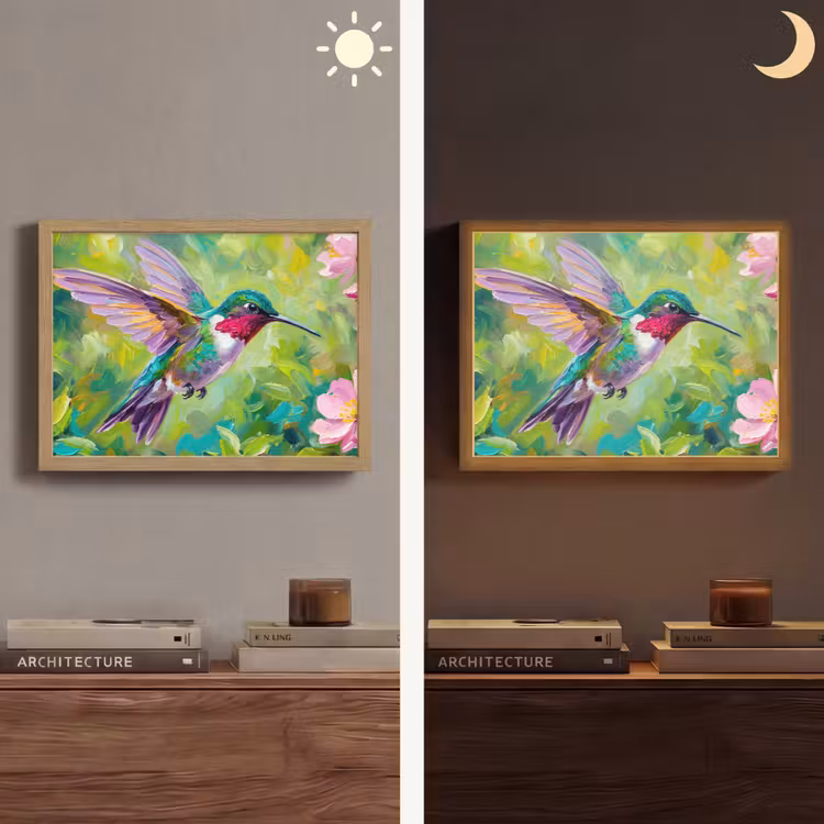 Kolibrie - Bloemen - Natuur - Kleurrijk Light Box met batterij (Wandlamp) middel -sfeer3