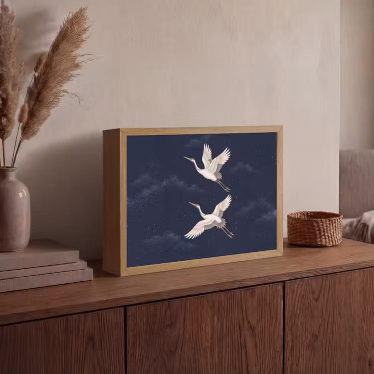 Kraanvogels - Nachthemel - Blauw Light Box met batterij (Wandlamp) middel -sfeer2