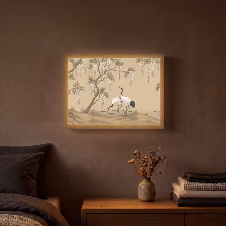 Kraanvogels - Water - Beige Light Box met batterij (Wandlamp) middel -sfeer4