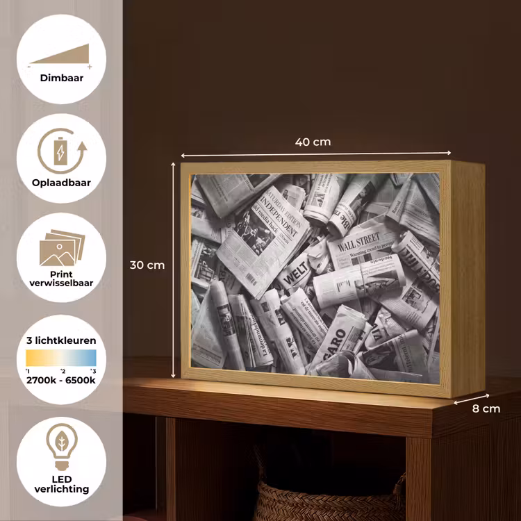Krant - Stapel - Nieuws - Zwart-wit Light Box met batterij (Wandlamp) middel -USP_websiteoverzichtNL