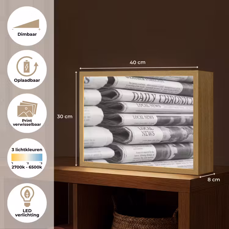 Krant - Stapel - Nieuws - Zwart-wit - Media Light Box met batterij (Wandlamp) middel -USP_websiteoverzichtNL