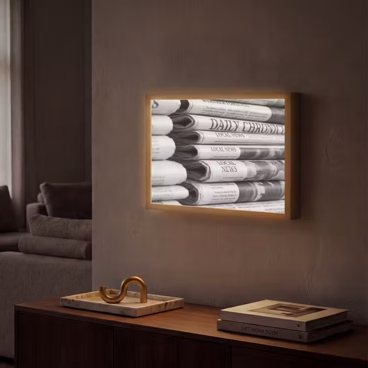 Krant - Stapel - Nieuws - Zwart-wit - Media Light Box met batterij (Wandlamp) middel -sfeer1