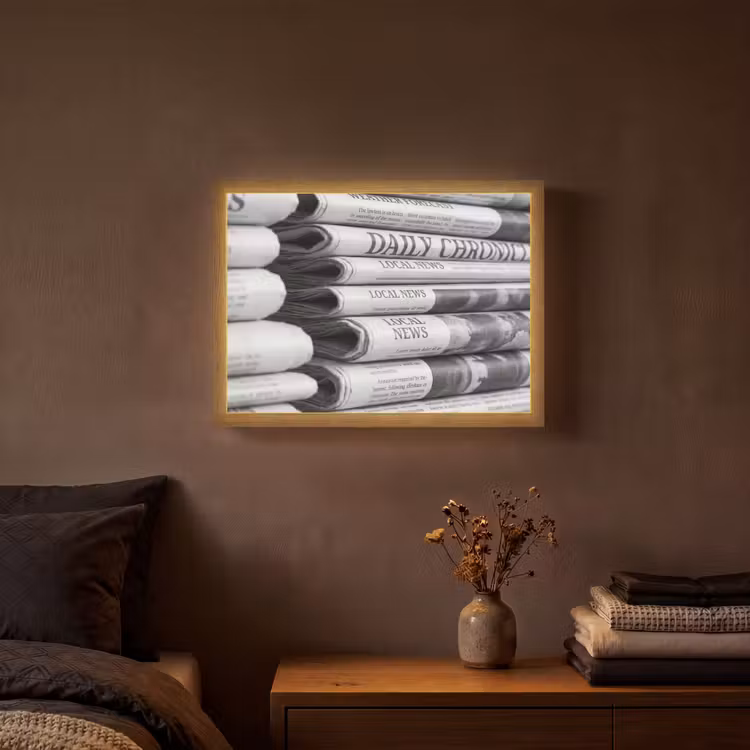 Krant - Stapel - Nieuws - Zwart-wit - Media Light Box met batterij (Wandlamp) middel -sfeer4