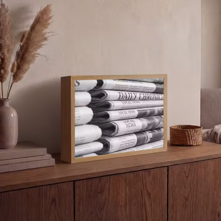 Krant - Stapel - Nieuws - Zwart-wit - Media Light Box met batterij (Wandlamp) middel -sfeer2