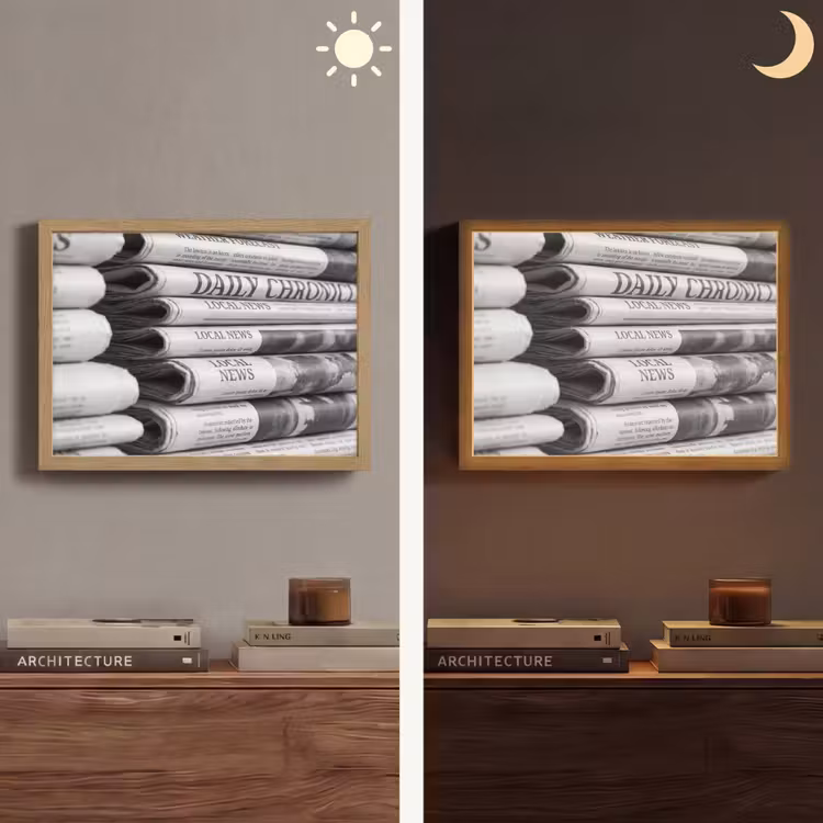 Krant - Stapel - Nieuws - Zwart-wit - Media Light Box met batterij (Wandlamp) middel -sfeer3