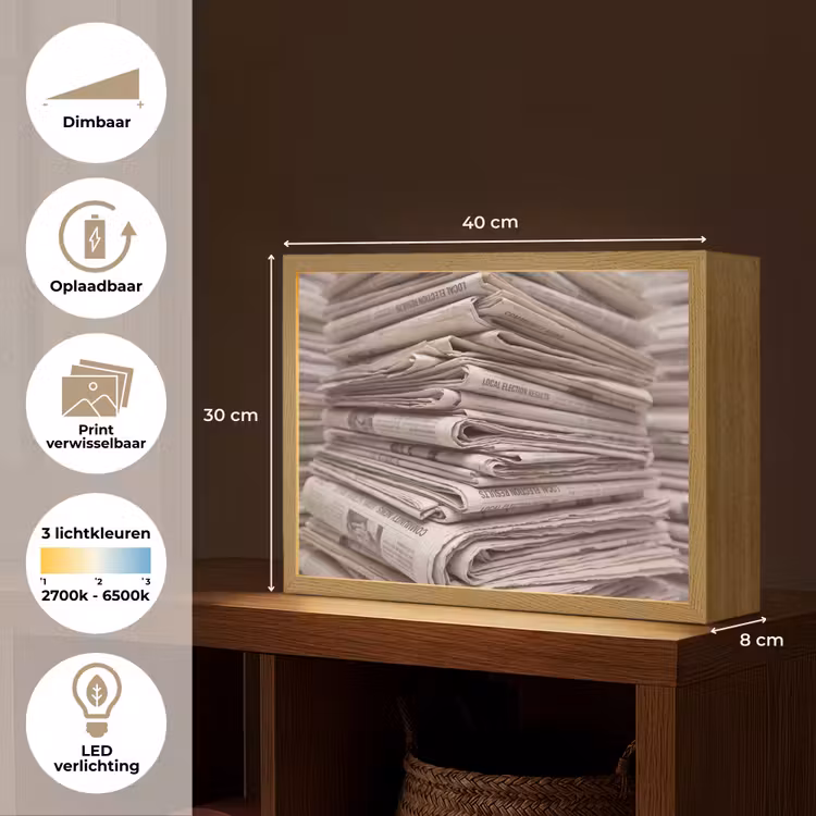 Kranten - Stapel - Nieuws - Vintage - Beige Light Box met batterij (Wandlamp) middel -USP_websiteoverzichtNL