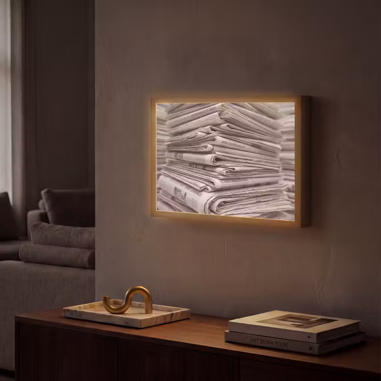 Kranten - Stapel - Nieuws - Vintage - Beige Light Box met batterij (Wandlamp) middel -sfeer1