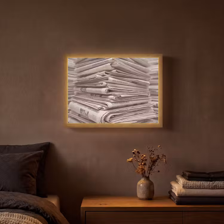 Kranten - Stapel - Nieuws - Vintage - Beige Light Box met batterij (Wandlamp) middel -sfeer4