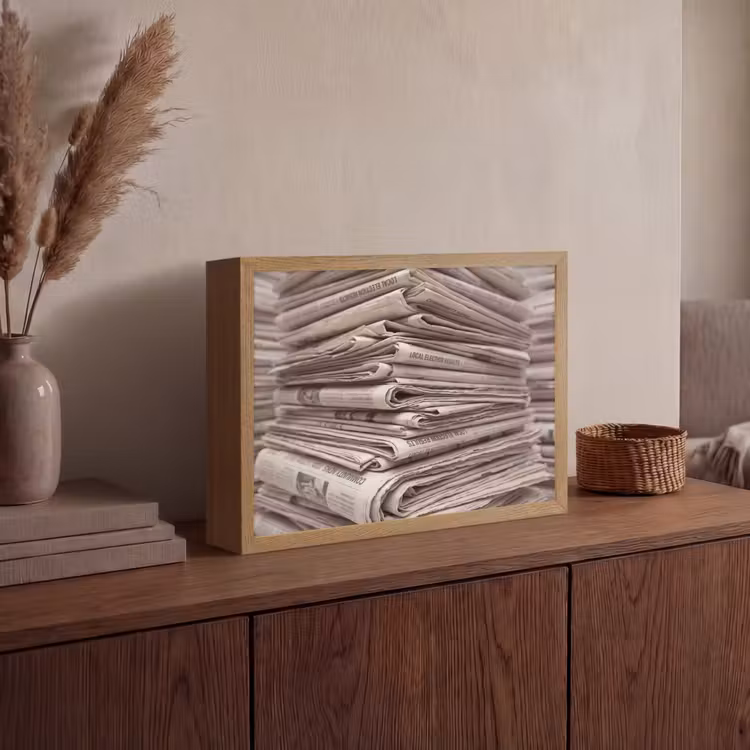 Kranten - Stapel - Nieuws - Vintage - Beige Light Box met batterij (Wandlamp) middel -sfeer2