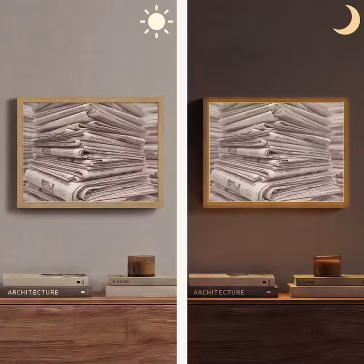 Kranten - Stapel - Nieuws - Vintage - Beige Light Box met batterij (Wandlamp) middel -sfeer3