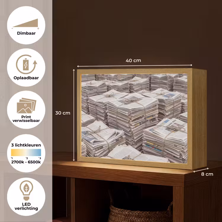 Kranten - Stapels - Touw - Informatie - Vintage Light Box met batterij (Wandlamp) middel -USP_websiteoverzichtNL
