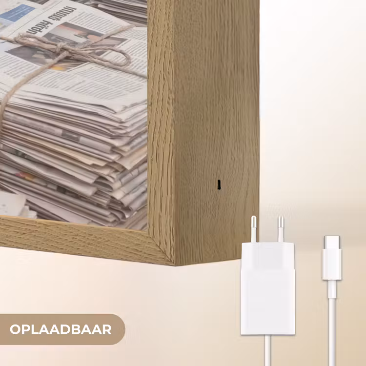 Kranten - Stapels - Touw - Informatie - Vintage Light Box met batterij (Wandlamp) middel -USP_websiteoplaadbaarNL