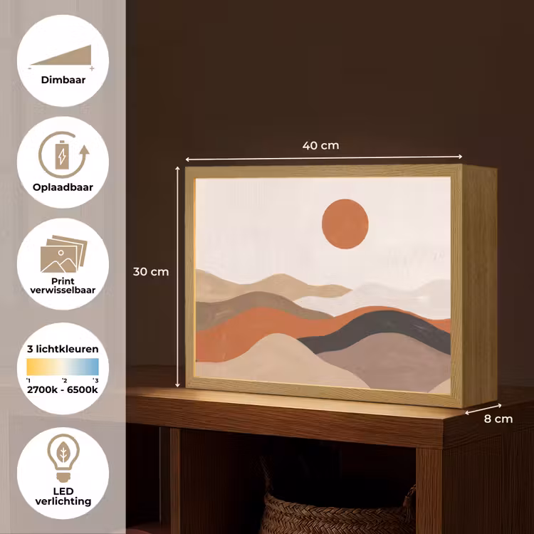 Landschap - Heuvels - Zon - Abstract - Oranje Light Box met batterij (Wandlamp) middel -USP_websiteoverzichtNL