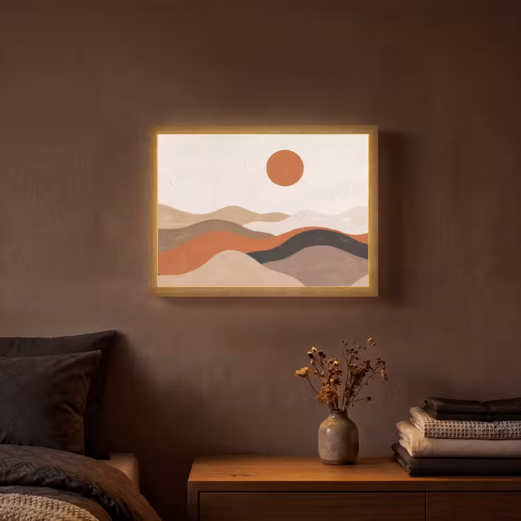 Landschap - Heuvels - Zon - Abstract - Oranje Light Box met batterij (Wandlamp) middel -sfeer4