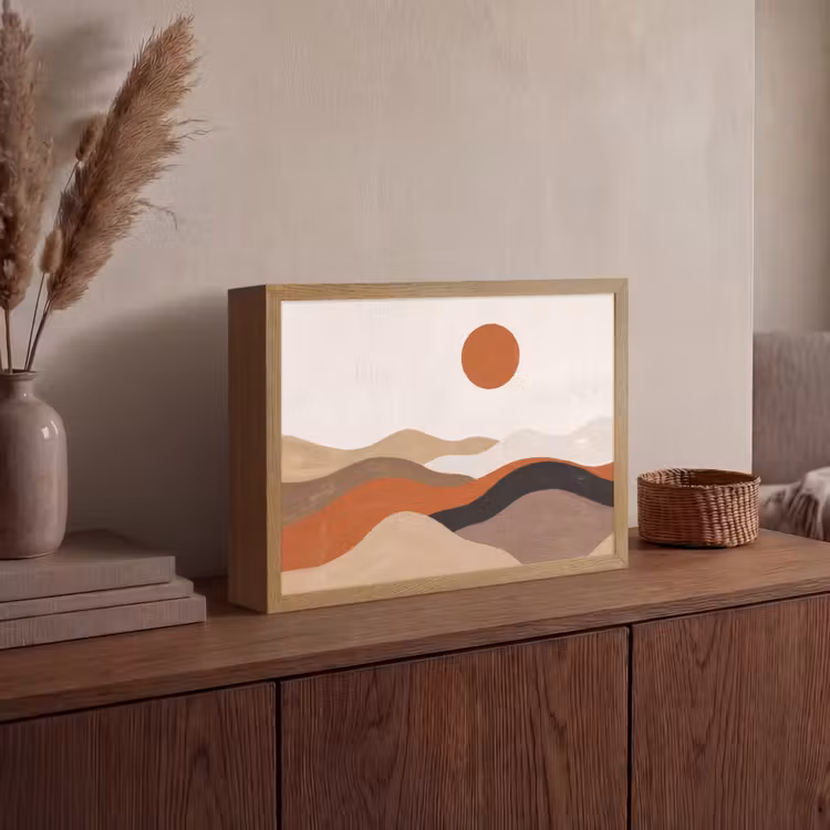 Landschap - Heuvels - Zon - Abstract - Oranje Light Box met batterij (Wandlamp) middel -sfeer2
