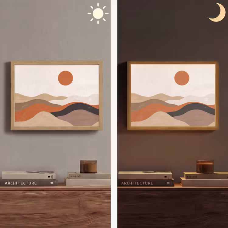 Landschap - Heuvels - Zon - Abstract - Oranje Light Box met batterij (Wandlamp) middel -sfeer3