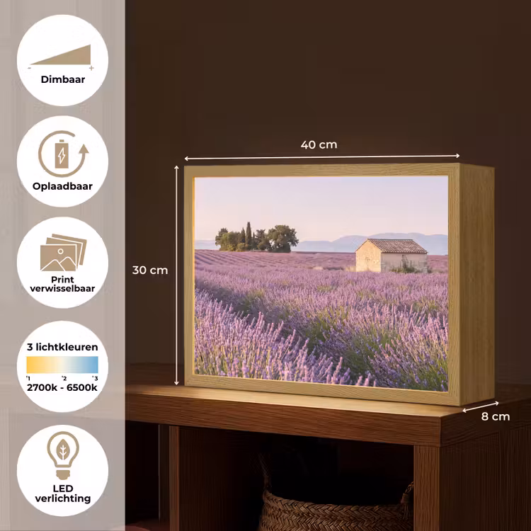 Lavendel - Landschap - Sereen - Paars Light Box met batterij (Wandlamp) middel -USP_websiteoverzichtNL