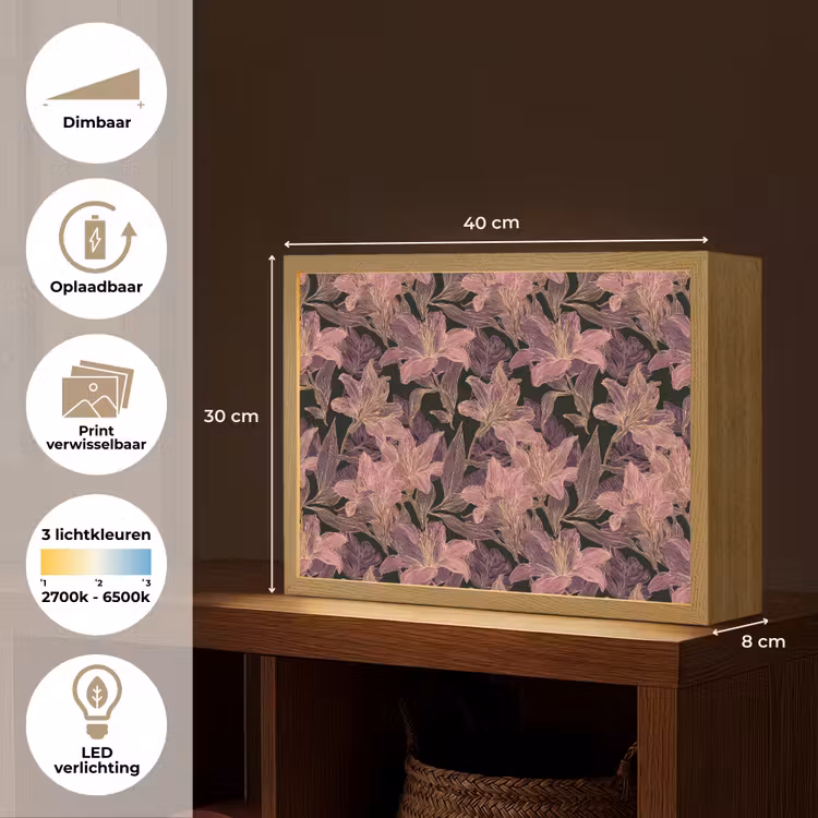 Lelies - Patroon - Paars - Goud Light Box met batterij (Wandlamp) middel 907 -USP_websiteoverzichtNL