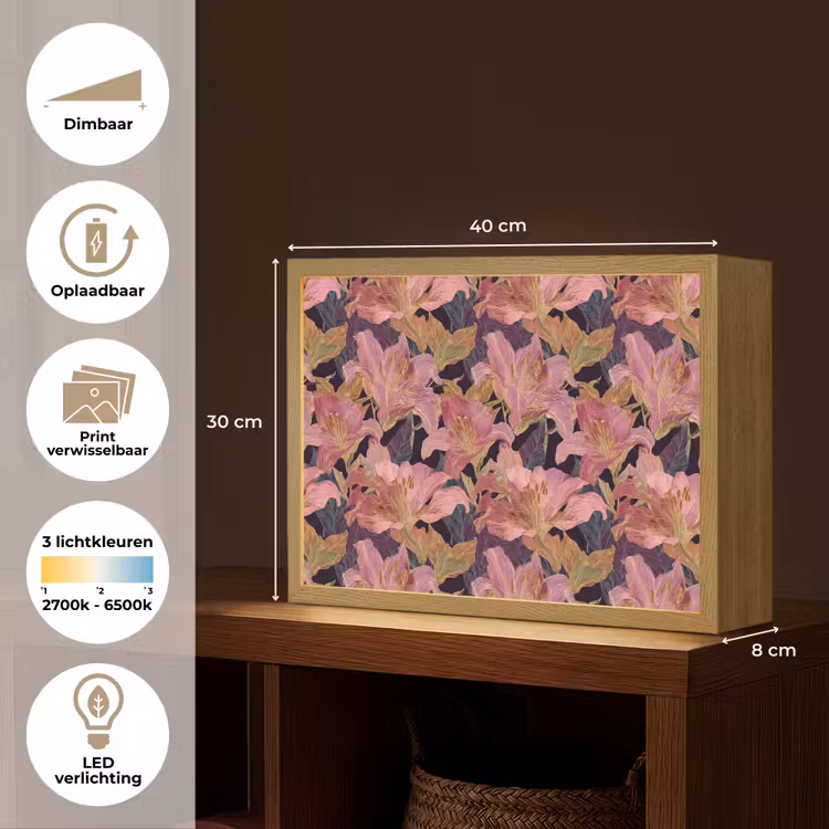 Lelies - Patroon - Roze - Goud Light Box met batterij (Wandlamp) middel 907 -USP_websiteoverzichtNL