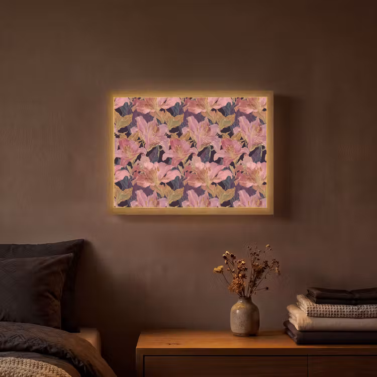 Lelies - Patroon - Roze - Goud Light Box met batterij (Wandlamp) middel 907 -sfeer4
