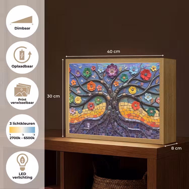 Levensboom - Mozaïek - Bloemen - Kleurrijk - Vrolijk Light Box met batterij (Wandlamp) middel -USP_websiteoverzichtNL