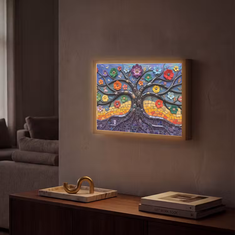 Levensboom - Mozaïek - Bloemen - Kleurrijk - Vrolijk Light Box met batterij (Wandlamp) middel -sfeer1