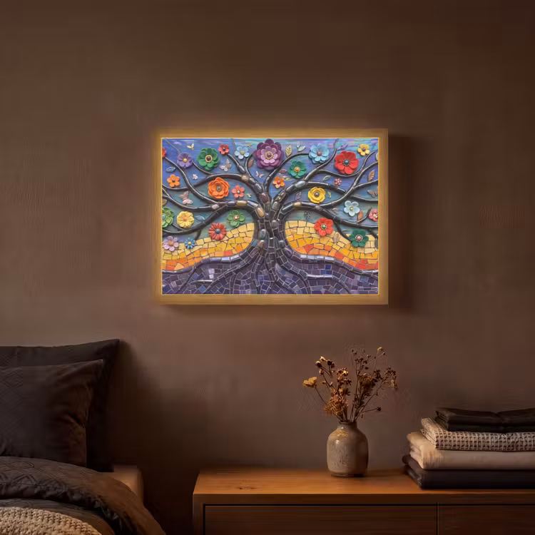 Levensboom - Mozaïek - Bloemen - Kleurrijk - Vrolijk Light Box met batterij (Wandlamp) middel -sfeer4